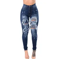 Высокая Талия Джинсы скинни Для женщин проблемных длинные джинсы Большие размеры джинсовые брюки, рваные дырочные женские джинсы