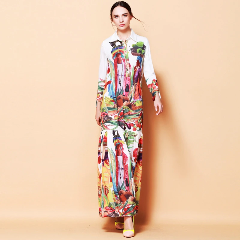 High Quality Newest Fashion Runway Turn Down Collar Maxi Dress Women's Long Sleeve Retro Art Printed Designer Long Dress