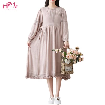 

Vintage Tassel Hem Silk Cotton Long-Sleeved Cosy Dress 2018 Spring Women Long Loose Dress High Waist Drawstring Dress Plus Sizes
