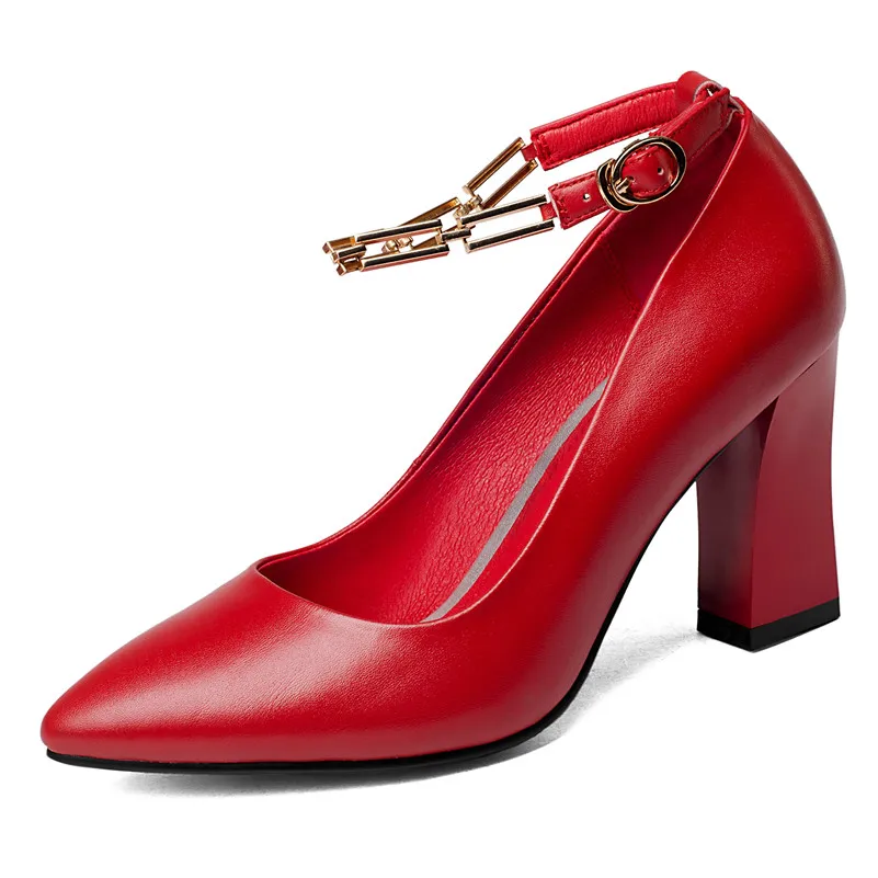 CONASCO Fashion Women Ankle Strap Pumps Genuine Leather Pointed Toe Sexy Party Office Shoes Woman Spring Autumn High Heels Shoes