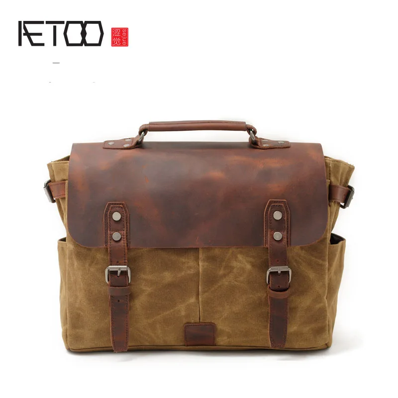 

AETOO Oil wax canvas with mad horse leather briefcase men bag retro shoulder Messenger bag
