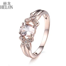 HELON Solid 10K Rose Gold Oval Cut 7x5mm Morganite Natural Diamonds Ring Engagement & Wedding Gemstone Fine Jewelry Gift Ring