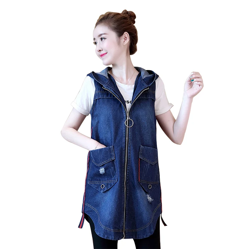 

2019 New Summer Spring Slim Long Jean Vest For Women Hoody Zipper Denim Waistcoats Casual Hole Female Vests Cardigan Outerwear