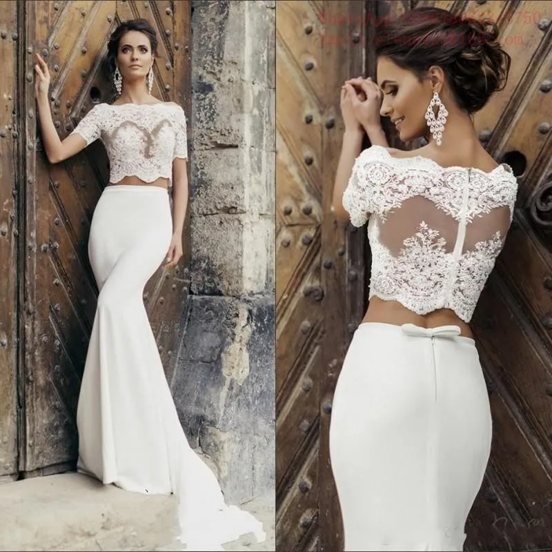 Online Get 2 Piece Wedding Short Aliexpress Plus Size Vestido Noiva Y White Mermaid 2 Piece Wedding Lace Short Sleeve Satin Bridal