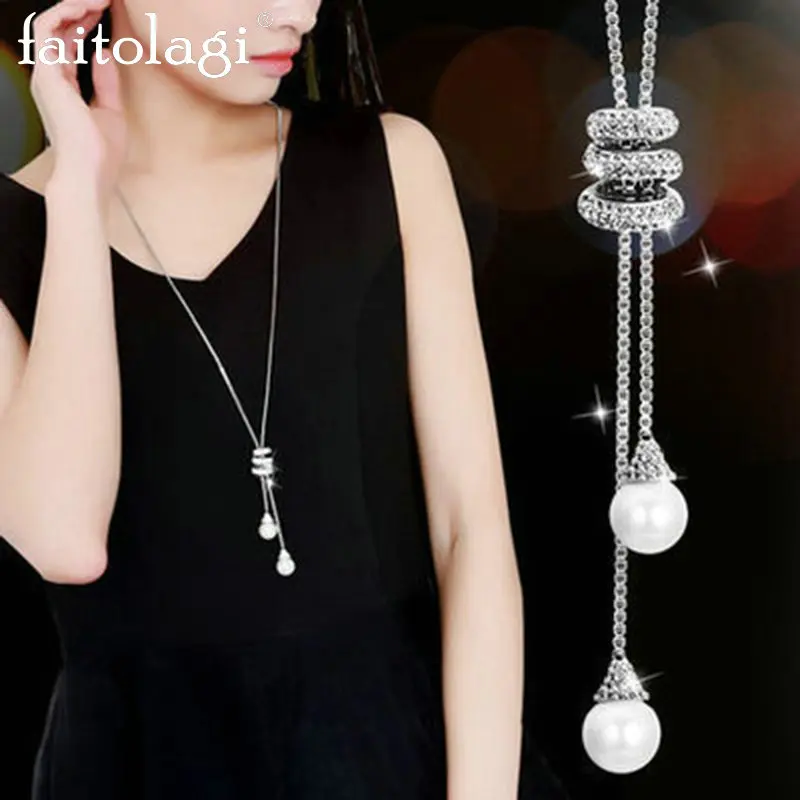 

Simulated Pearl Crystal Long Sweater Chain Circles Necklace Vintage Long Necklace Women jewelry Collares Statement Necklace