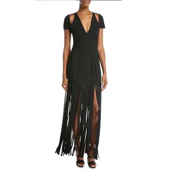 

New Bandage Dress black tassel V-neck Fashion luxury sexy celebrity Cocktail party Bandage long dress (L2000)