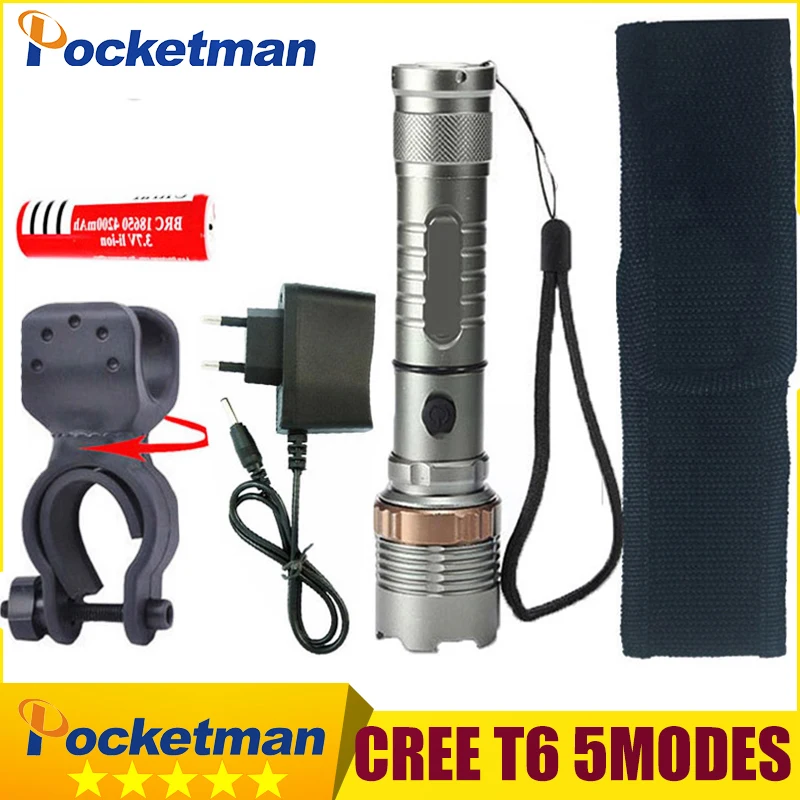 

3800lm LED flashlight Torch xm-l t6 LED linterna tactica zaklamp + 18650 battery+Charger+ Holder flashlight 1set