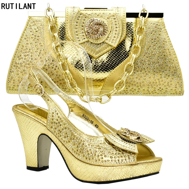 Gold Color Italian Shoes with Matching Bags for Wedding
