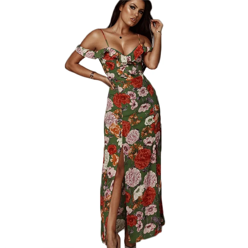 

Women BOHO floral maxi dress fashion summer 2018 Off Shoulder V Neck backless sundress sexy holiday beach Split bodycon vestidos