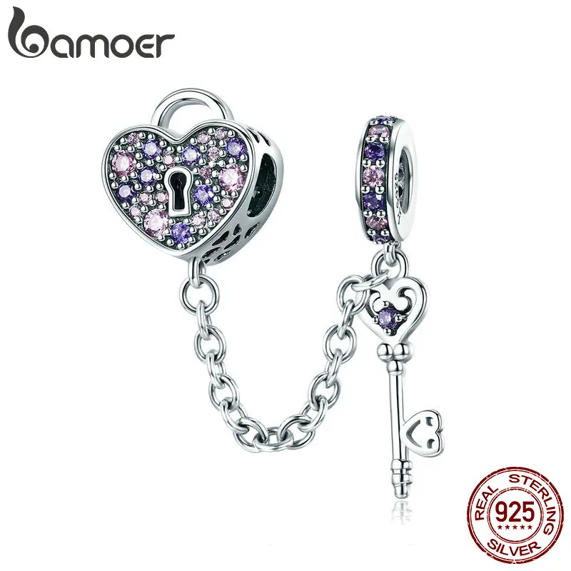 BAMOER 100% 925 Sterling Silver Key of Heart Lock Crystal CZ Chain Charms Fit Charm Bracelets & Necklaces Chain Jewelry SCC772