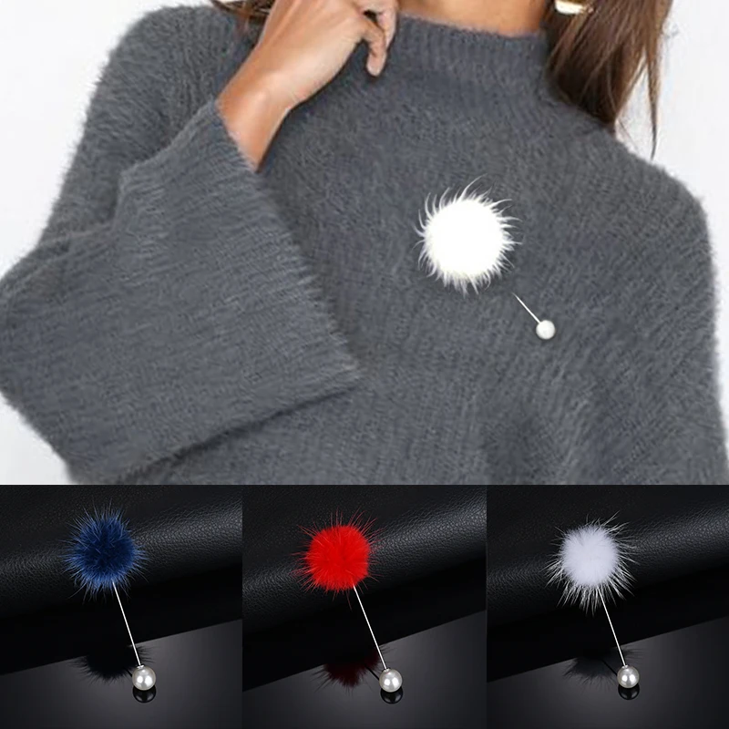 

New Cute Charm Simulated Pearl Brooch Pins Women Korean Fur pompom Ball Piercing Lapel Brooches Collar Jewelry Gift Accessories