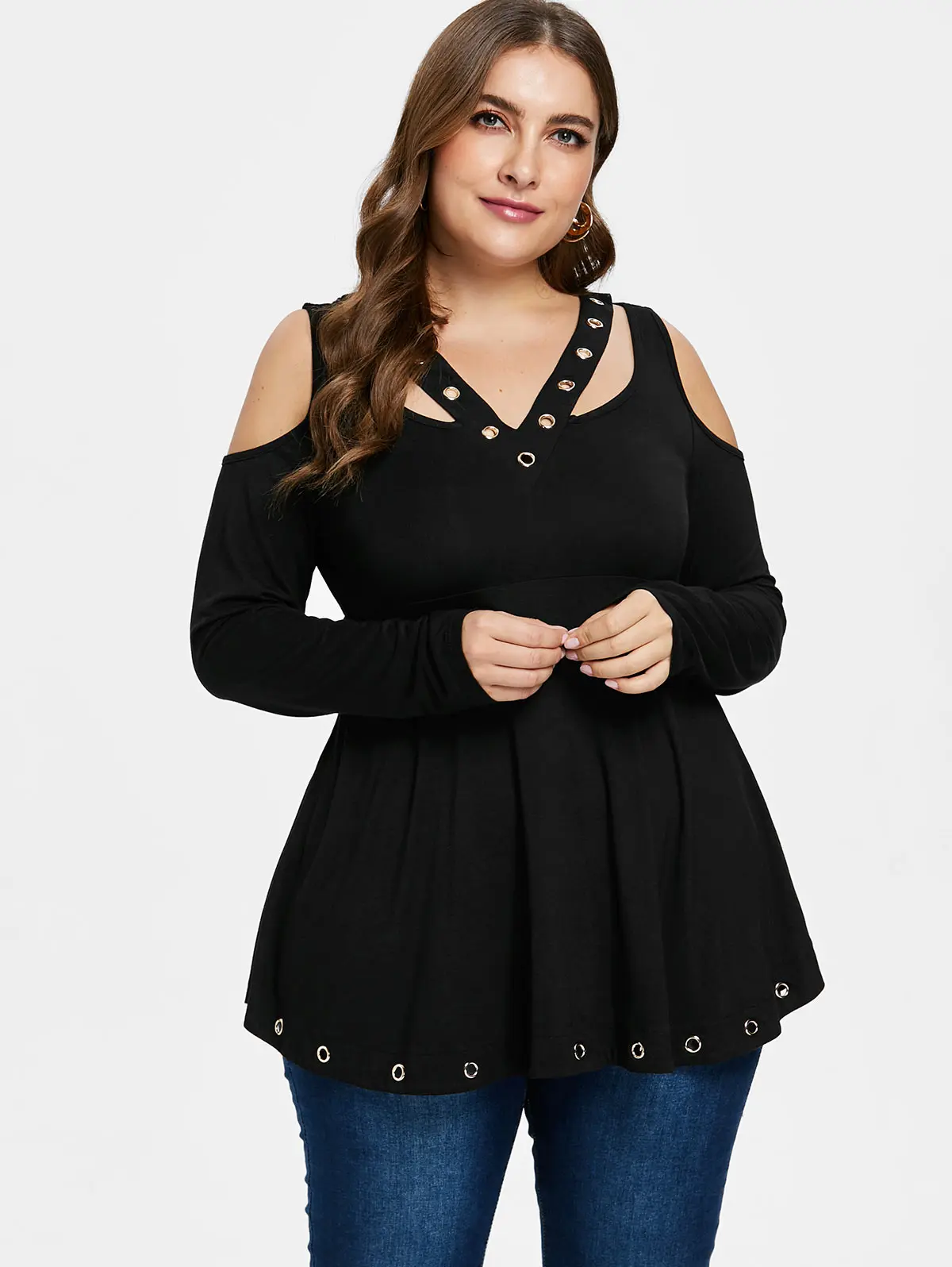 

Wipalo Plus Size 5XL Cold Shoulder Grommet T-Shirt Autumn Black V-Neck Long Sleeve T Shirt Ladies Tee Tops Big Size Clothing