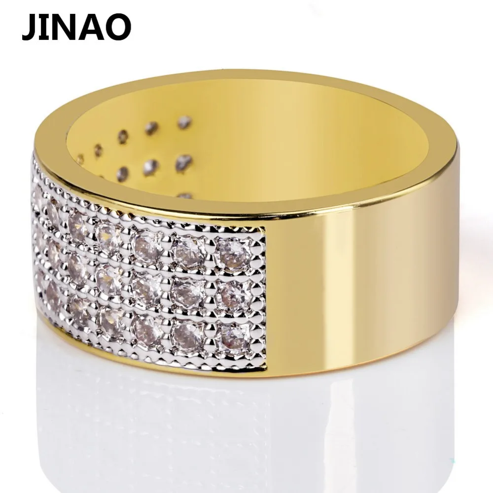 

JINAO Hip Hop Rock Gold Color Plated Micro Pave Cubic Zircon Round Ring All Iced Out Bling Jewelry For men Gift