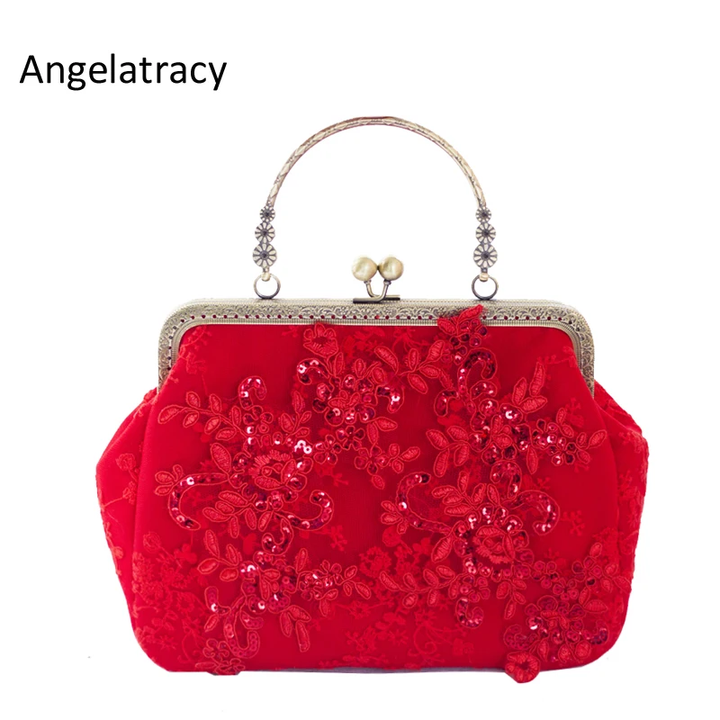 

Angelatracy 2018 Handmade Evening Bags for Women 2018 Red Lace Party Women Clutch Bag Luxury Handbag Blingbling Vintage Clasp