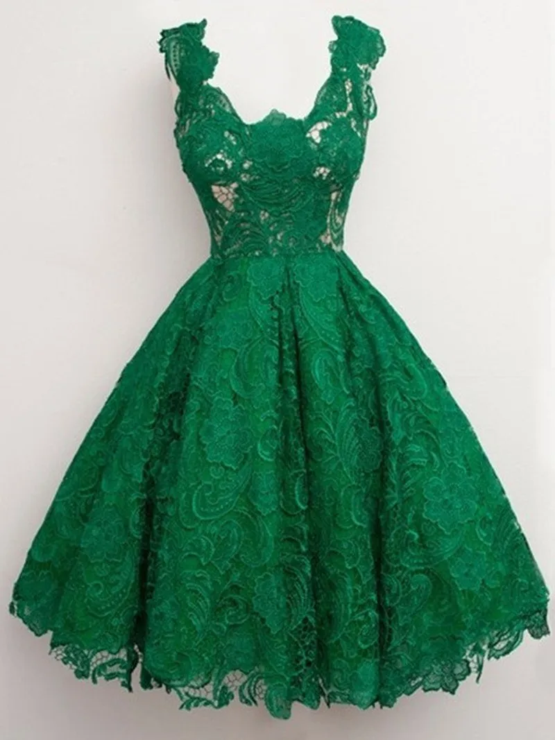 Great Design Emerald Green Lace Cocktail Dresses 2017 Knee Length U Neck Short Girl Party Gowns