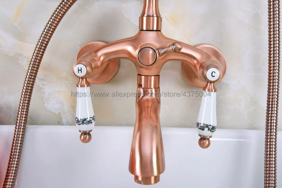 Wall Mount Antique Red Copper Bathtub Faucet Dual Handles Swivel Spout Mixer Tap Ceramic Handles With Hand Shower Nna312