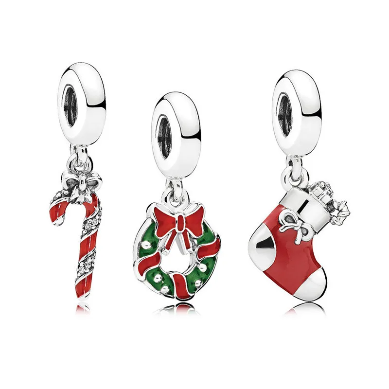 

Christmas Wreath Candy Stocking Red Color Silver 925 Jewelry Charm Pack Beads Set for DIY Bracelets & Bangles Floating Beads Set