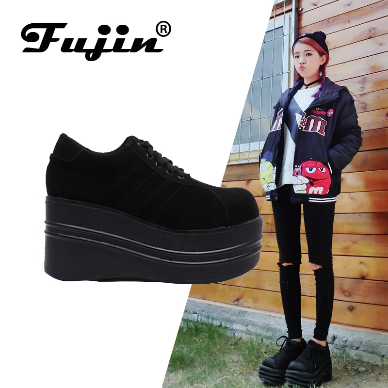 

Fujin 2019 New Arrival Women Shoes Creepers Casual Women Platform Shoes Fashion Lace Up Flock Sneakers Casual Shoes Black