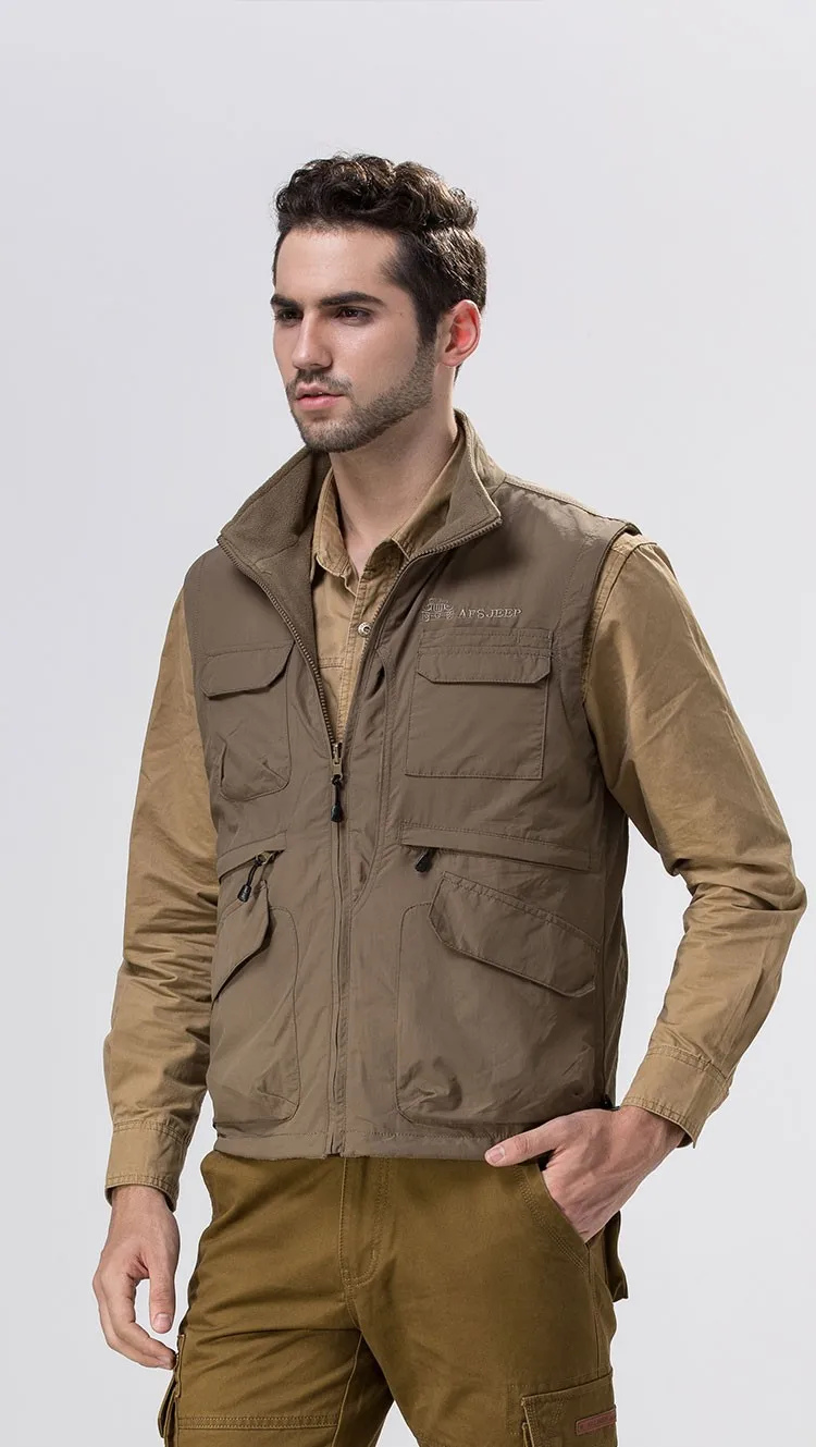 2015 Autumn Spring Casual Men Vest Coat Fleece AFS JEEP Cotton Multi Pocket 4XL Cargo Outdoor Sleeveless Jackets Waistcoat Vests (7)