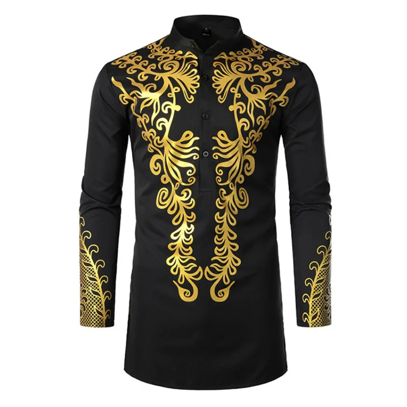 

Muslim Blouse Fashion Bronzing Shirts Talit Novelty Gilding Shirts Islam Leisure Pullover Long Sleeve Moslim Kaftan Clothing Men