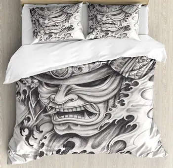 

Kabuki Mask Decoration Duvet Cover Set Warrior Samurai Drawing Angry Expression Historical Figure Artwork Bedding Set