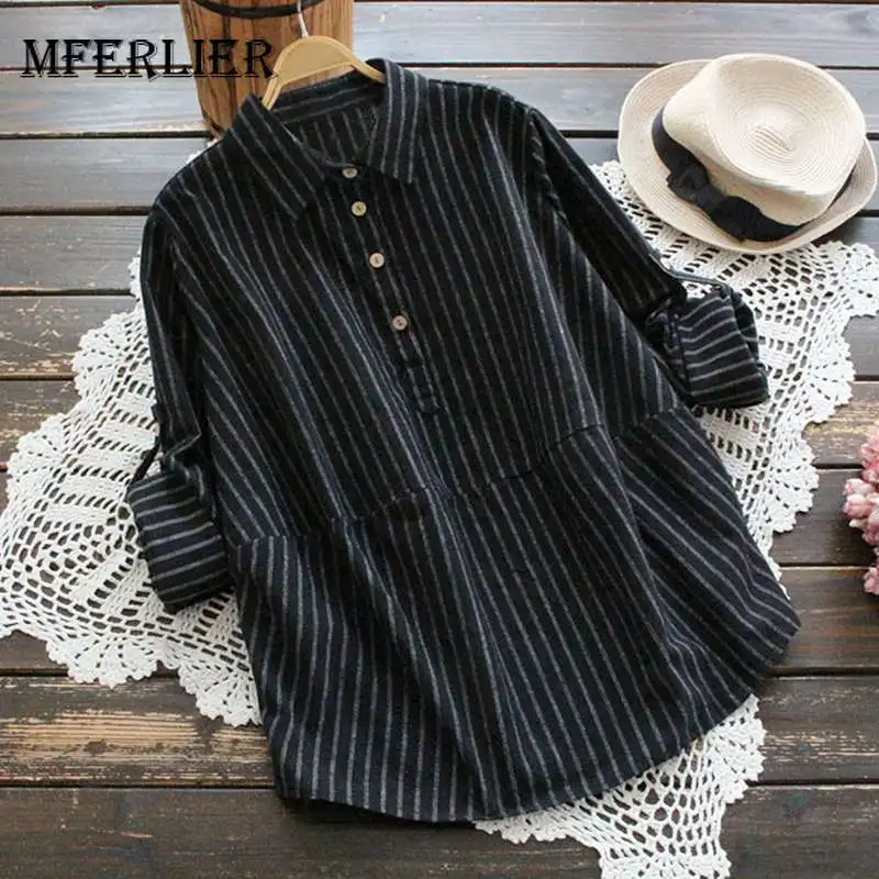 Mferlier Women Autumn Striped Shirt Turn Down Collar Adjustable Long Sleeve Splice Side Button Ladies Casual Blouse |