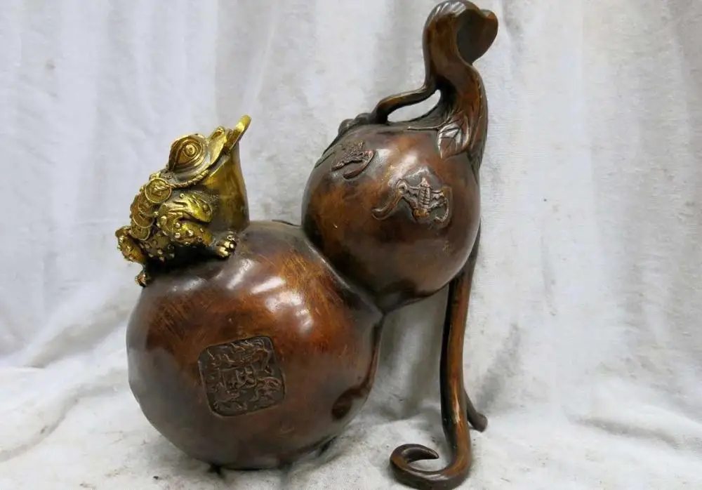 

9" China bronze gild copper carved fine lucky Toad bat calabash Sculpture Statue