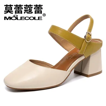 

MOOLECOLE 2018 New Women Square Heel Sandals Retro Elegant Office Buckle Strap Lady Pumps Square Toe Women Shoe Beige Brown 8107