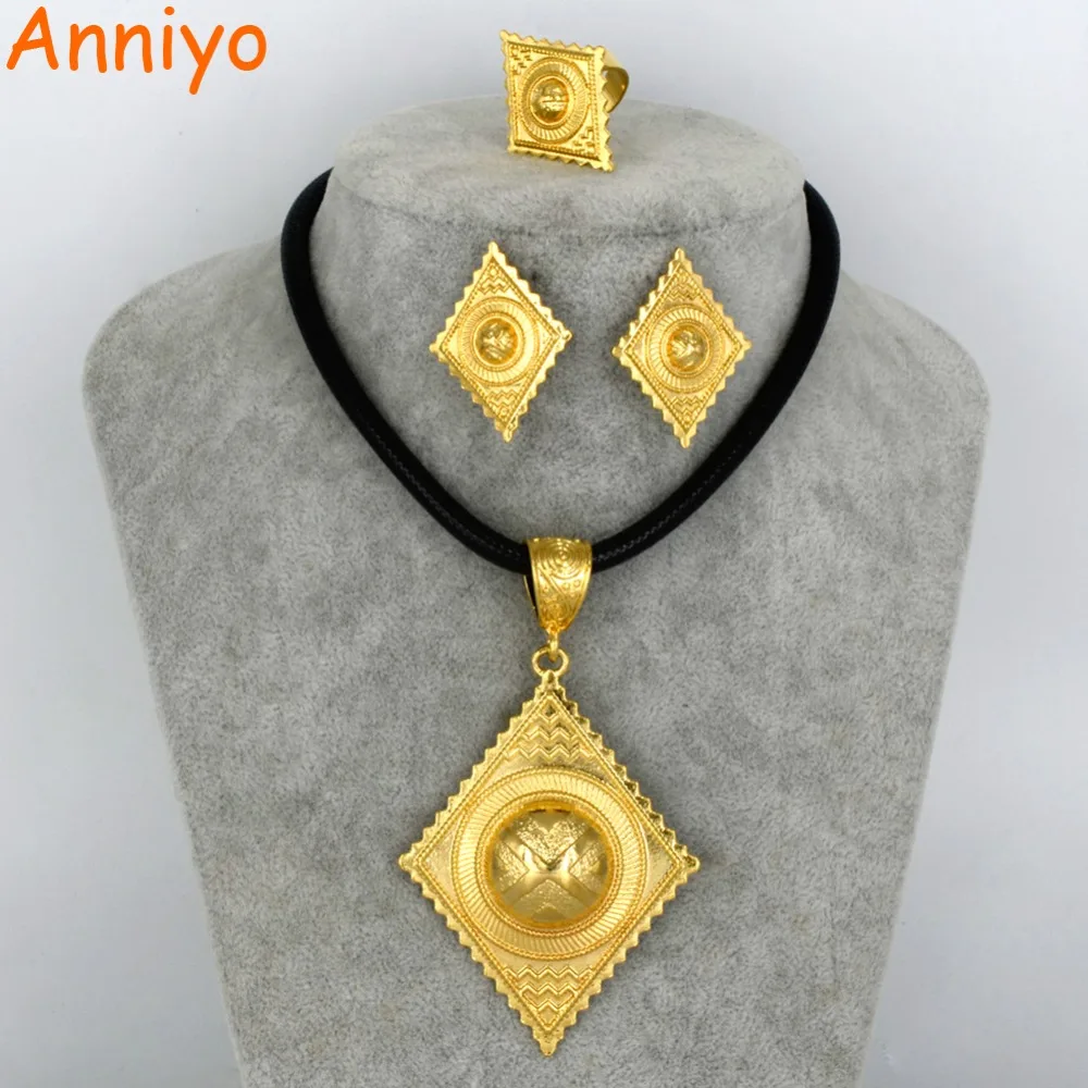 

Anniyo Ethiopian Gold Color Jewelry set Habesha Eritrean Big Pendant & Rope Earrings Free Size Ring Women Wedding Gift #059506