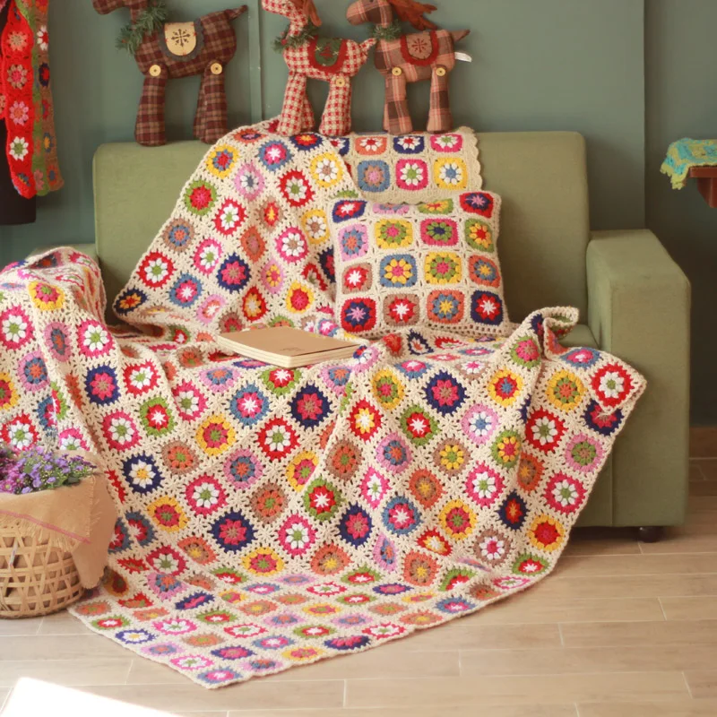

100x 100cm colour mat handmade original Hand hooked crochet blanket cushion felt bay window banket pastoral style gift