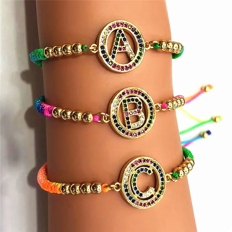 

10pcs/lot Micro Pave Colorful Cubic Zirconia A to Z 26 Alphabet Letter Bracelet Adjustable Rope Bracelet Women Jewelry