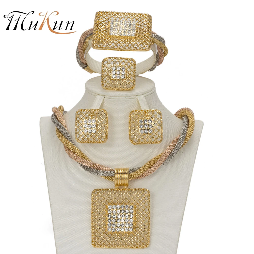 

MUKUN Fashion Gold Color Crystal Women anniversary Jewelry Sets Luxury Three Colors Chains Necklace Drop Earrings Bracelet set