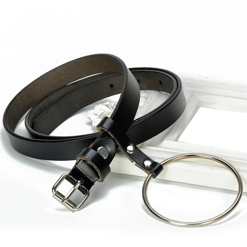 

Women Gothic Punk Waist Belt Metal Circle Ring Design Silver Pin Buckle Genuine Leather strap Belts Black Waistband Jeans cow