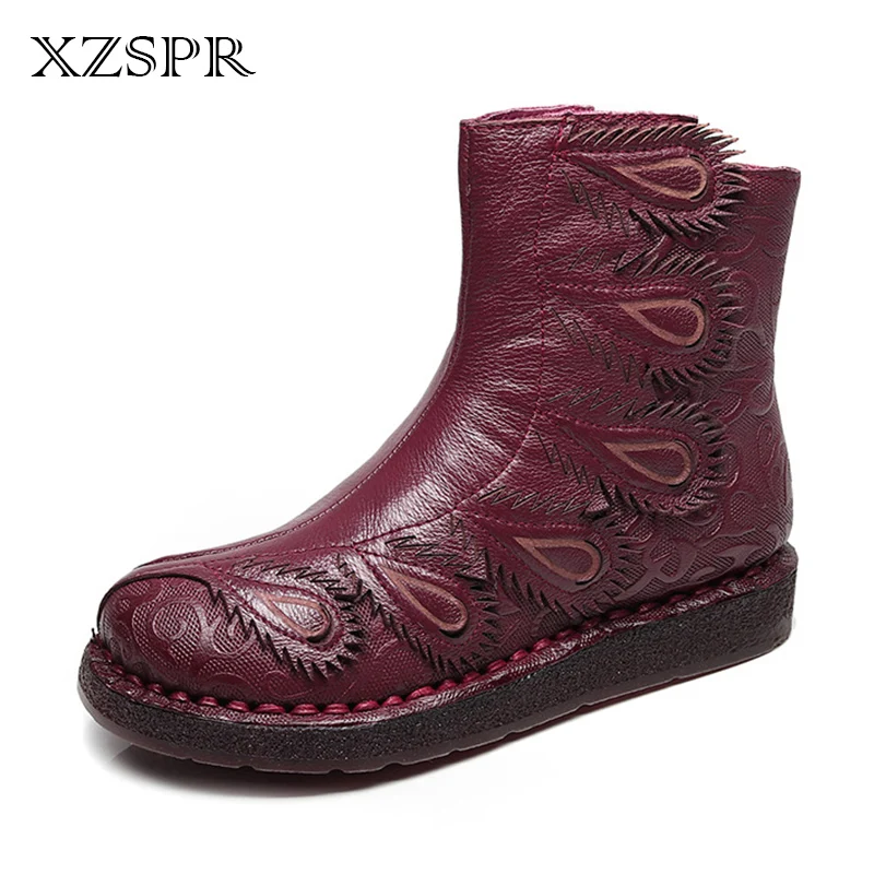 

XZSPR Autumn Warm Genuine Leather Women Boots Casual Shoes Soft Sole Comofortable Handmade Feather Females Ladies Flats Shoes
