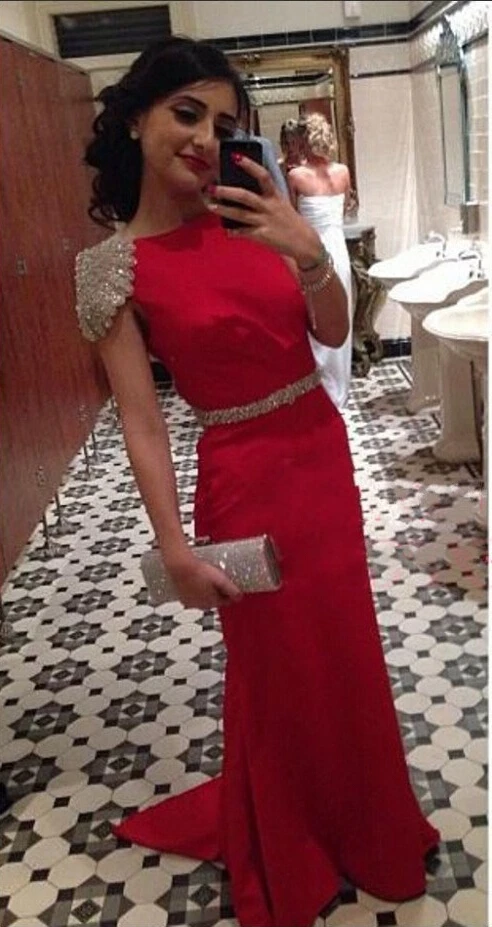Red Prom Dress with Cap Sleeves
