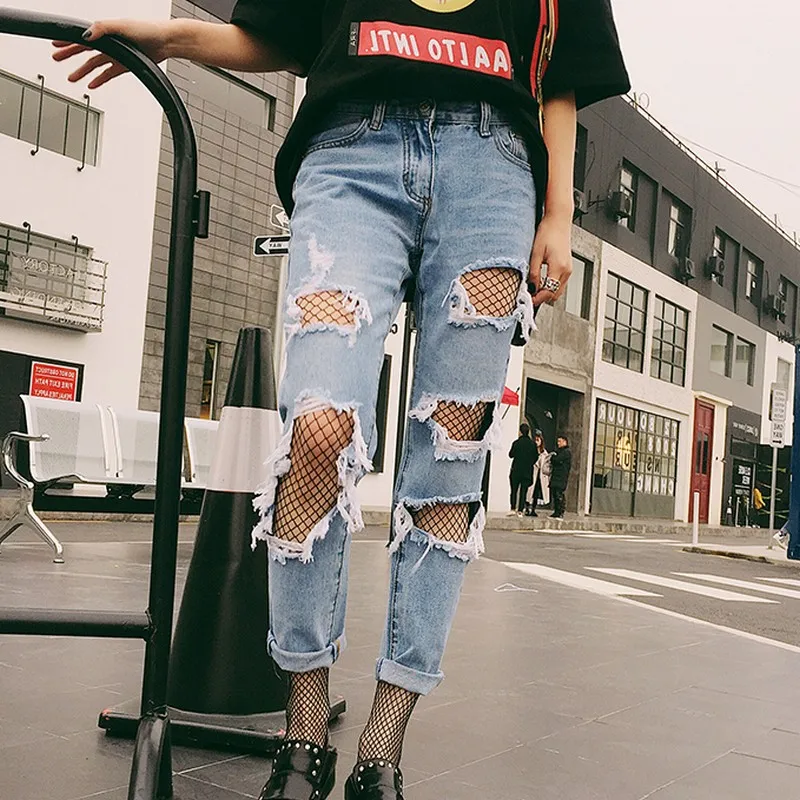 

PLAMTEE Vintage Ripped Jeans Jeans For Women Streetwear High Waist Boyfriend Jeans Washed Solid Denim Pants S~XL Pantalon Femme