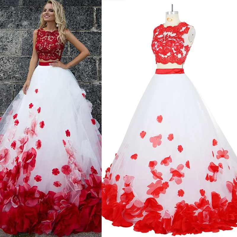 White Prom Dress With Red Flowers Promotion For Promotional Flower Bohemia White Red Lace Prom Beach Two Pieces Tulle Evening Party Formal Long Gowns 2017