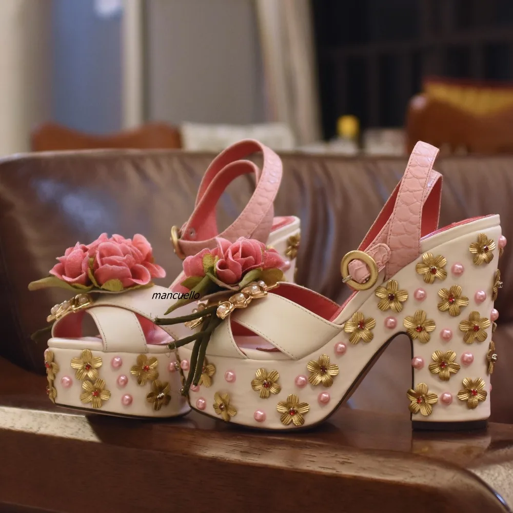 

Glamorous Pink PU Flowers Pearl Decorated Platform Sandals Buckle Style Gold Color Flowers Crystal Stick Block Heel Dress Sandal