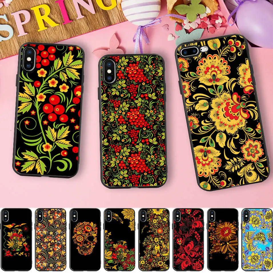 

Khokhloma Cases For iPhone 7 8 Case Russian Flower Pattern Soft Silicone Phone Cover Case For iPhone 6 6S Plus 5S XR XS Max SE X