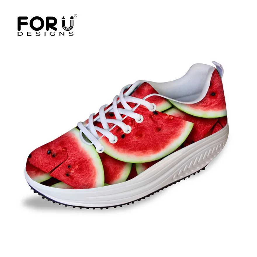 

FORUDESIGNS Novelty Fruits Watermelon Printed Women Swing Platform Shoes Casual Lacing Flats Female Breathable Slimming Shoes