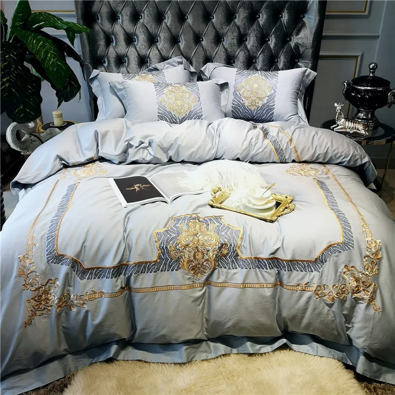 

New Luxury Gray 80S Egyptian Cotton Gold Royal Embroidery Palace Bedding Set Duvet Cover Bed sheet Bed Linen Pillowcases 4pcs
