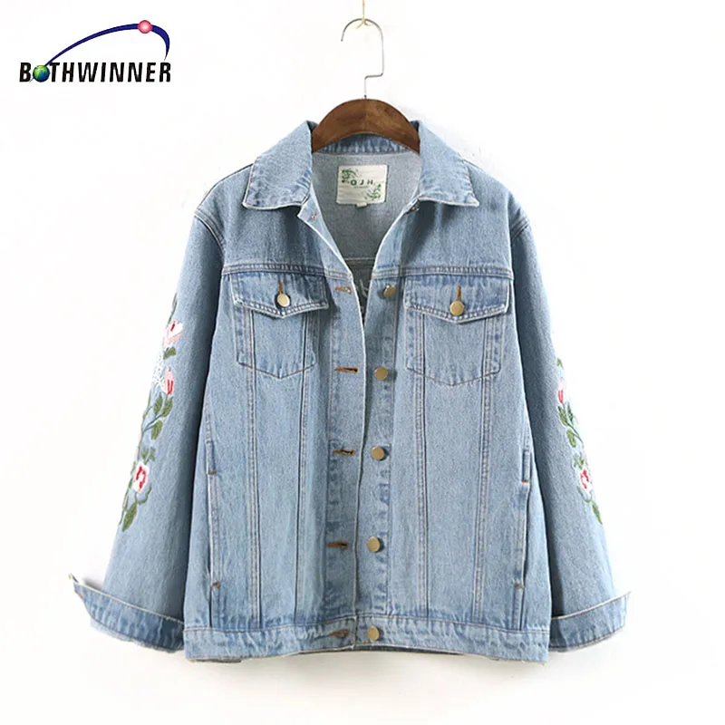 

Bothwinner Embroidery Women Jacket Coat Spring Female Jean Jacket Casual Double Pocket Decorated Denim Jacket Clothing