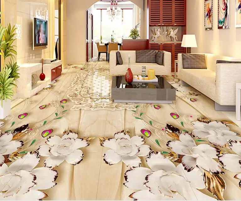 Custom floor vinyl adhesive 3d wallpaper Jewelry Flower European Marble