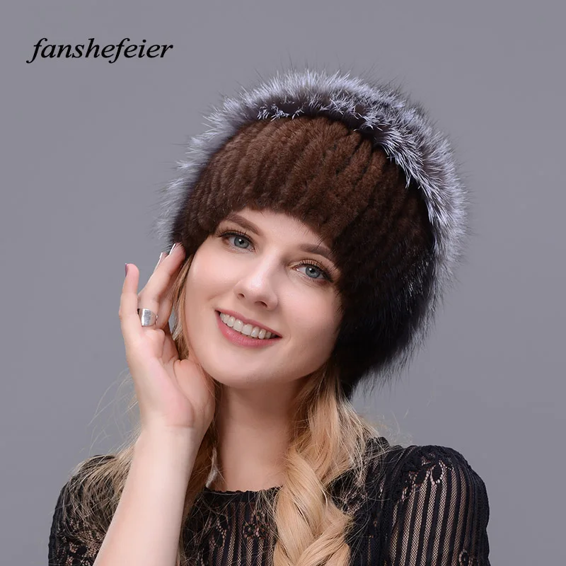 Женские зимние шапки Fanshefeier Элегантные вязаные шапочки из натурального меха
