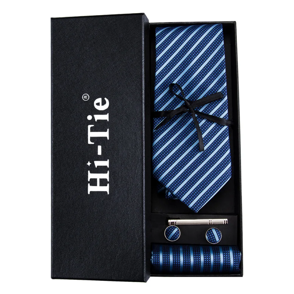 Popular Blue Striped Solid Neck Tie Hanky Cufflinks Set Gift Box Ties for Men 100% Silk Gravatas on Sale