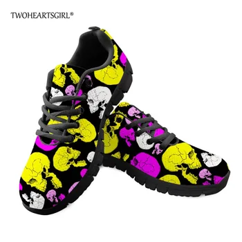 

Twoheartsgirl Colorful Sugar Skull Print Flats Classic Spring Autumn Vulcanize Shoes Breathable Female Mesh Sneakers Lightweight