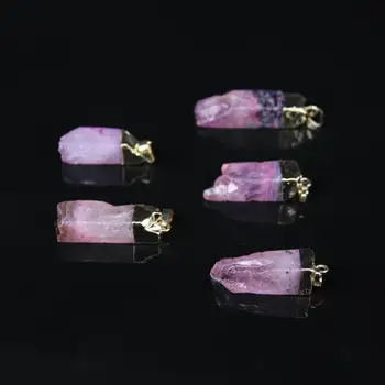 

5pcs,Pink purple crystal Raw agates Rectangle point Pendants,Natural Quartz Faceted slice nugget,Gold cap with square Pendants