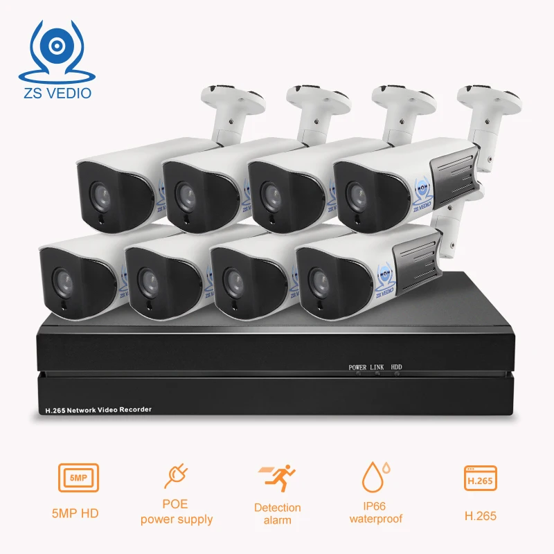 

ZSVEDIO IP Camera 8CH POE NVR 5MP H.264/H.265 48V POE Kit CCTV Camera P2P Motion Detection Onvif 2.1 Camhi APP