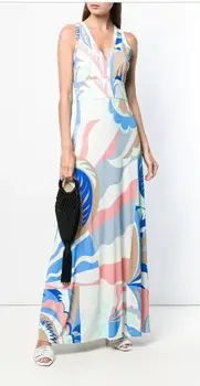 

Women's fashion new sleeveless vest lengthens beautiful print V collar silk stretch dress