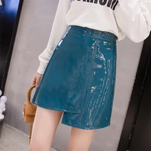 Осень весна асимметричные юбки уличная Высокая талия искусственная кожа Юбки Женские размера плюс розовые черные короткие мини юбки